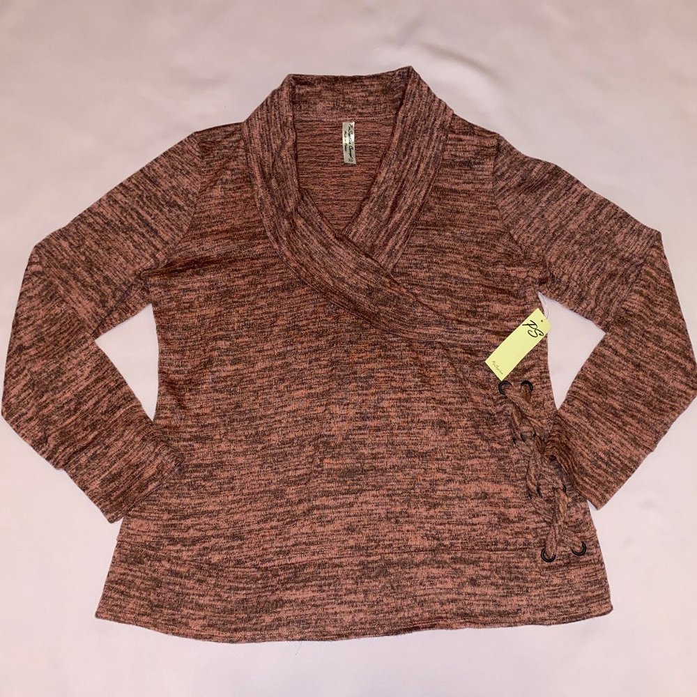 Pink & Black Heathered Cowl V-Neck Sweater, XL